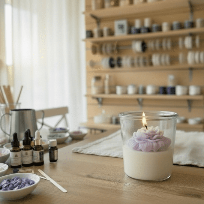 Atelier bougie artisanale : création d’une bougie fleur en cire naturelle dans un atelier créatif à 