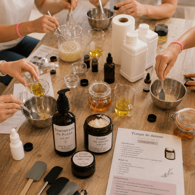 Atelier cosmétique naturel EVJF en petit groupe à Chazelles-sur-Lyon dans la Loire