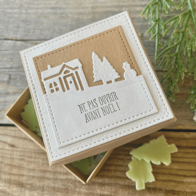 Boîte kraft décorative “Ne pas ouvrir avant Noël” contenant des pétales de savon en forme de sapins,