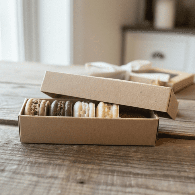 Coffret 5 savons macarons artisanaux présentés en boîte kraft ouverte, fabrication française