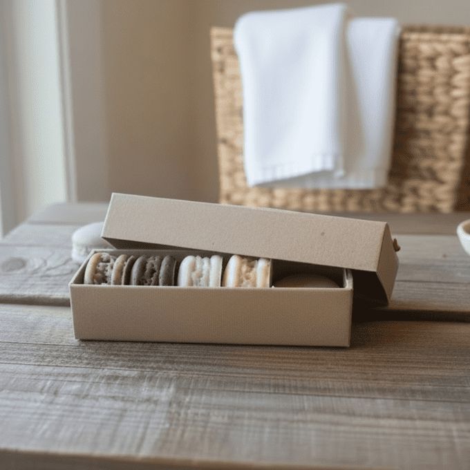 Coffret 5 savons macarons artisanaux en boîte kraft sur table en bois, fabrication française