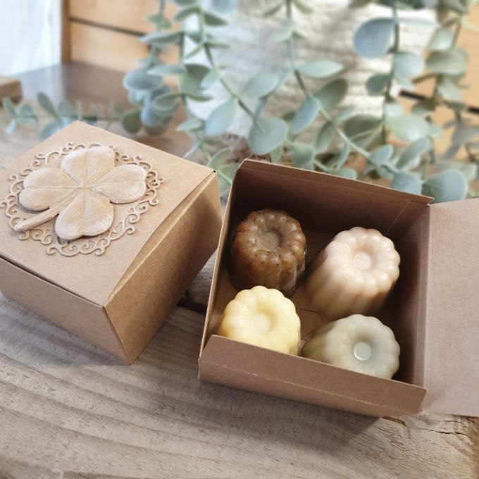 Coffret de 4 savons cannelés artisanaux dans boîte kraft décorée d’un trèfle.