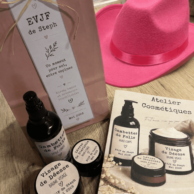 Cosmétiques personnalisés pour EVJF avec étiquettes et sacs cadeaux artisanaux