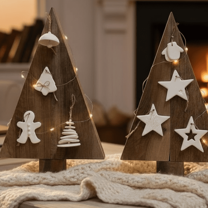 Décorations de Noël en céramique faites main par Mlle Fleur de Sel, suspendues sur deux sapins en bo