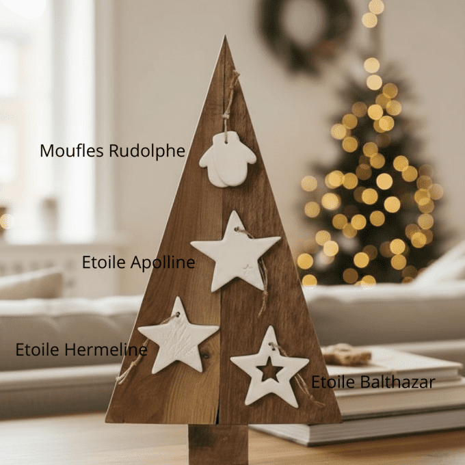 Décorations de Noël en céramique artisanale : Moufles Rodolphe, Étoile Apolline, Étoile Hermeline et