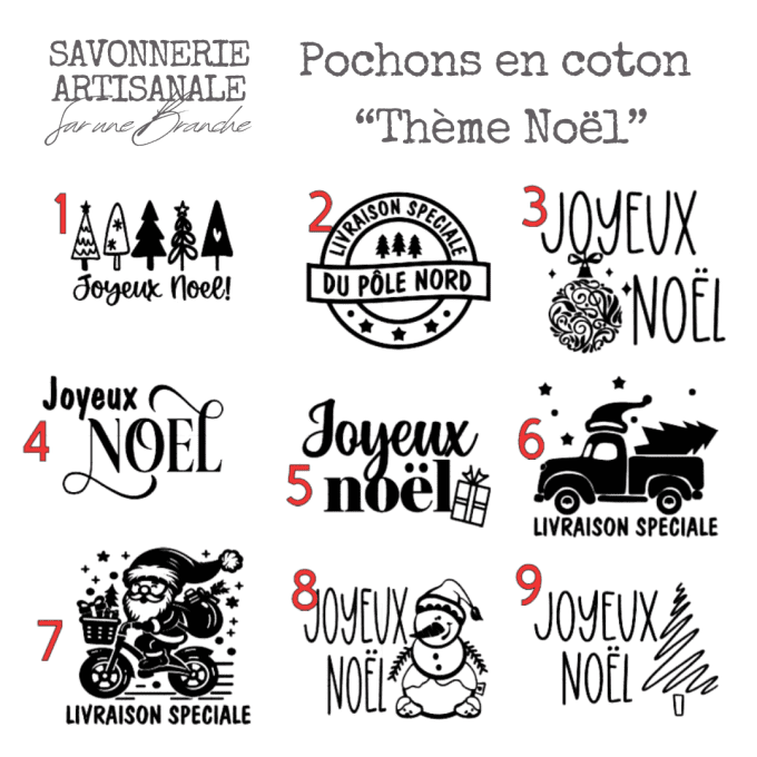 Motifs de personnalisation pour pochons en coton thème Noël, avec inscriptions Joyeux Noël et illust