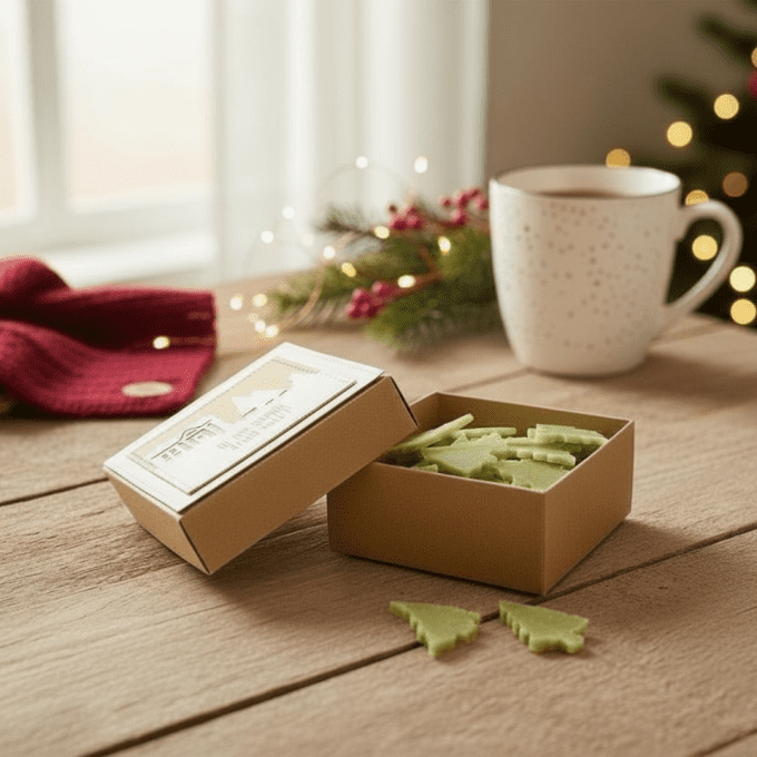 Pétales de savon en forme de sapins verts dans une boîte kraft de Noël, présentés sur une table déco