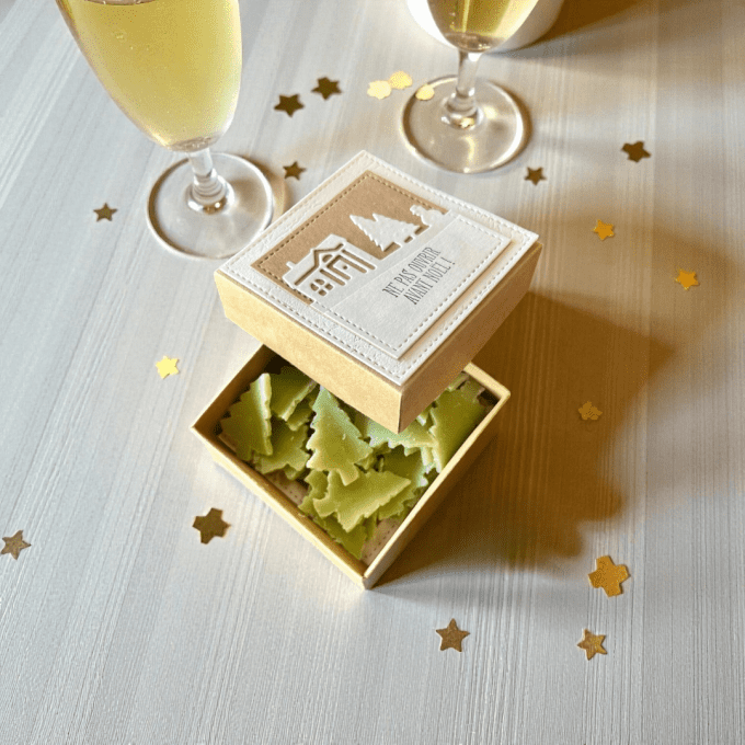 Pétales de savon en forme de sapins dans une boîte kraft, présentés sur une table festive avec étoil
