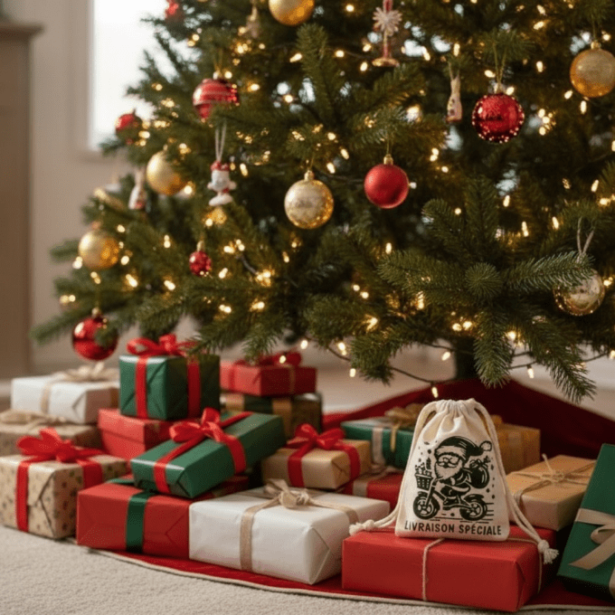Pochon en coton personnalisé thème Noël, utilisé comme emballage cadeau sous un sapin décoré.