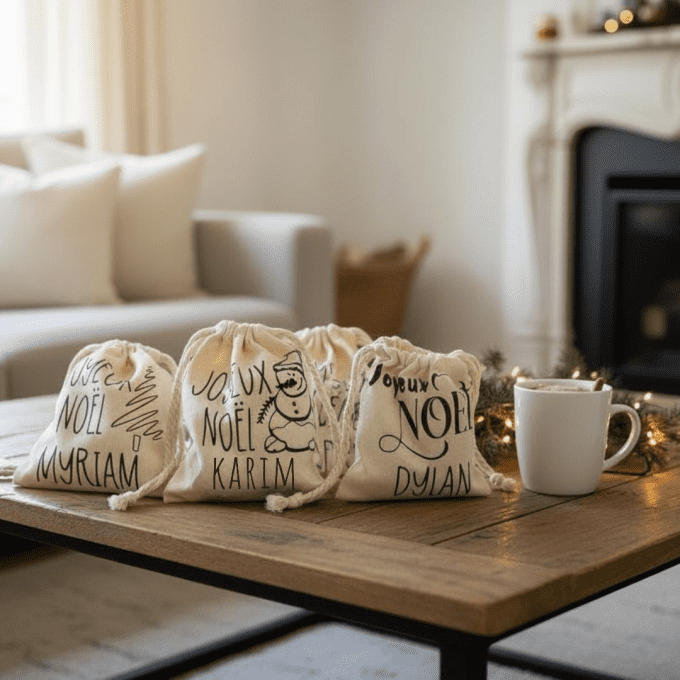 Pochons en coton personnalisés Joyeux Noël avec prénoms, dans une ambiance chaleureuse de fêtes.