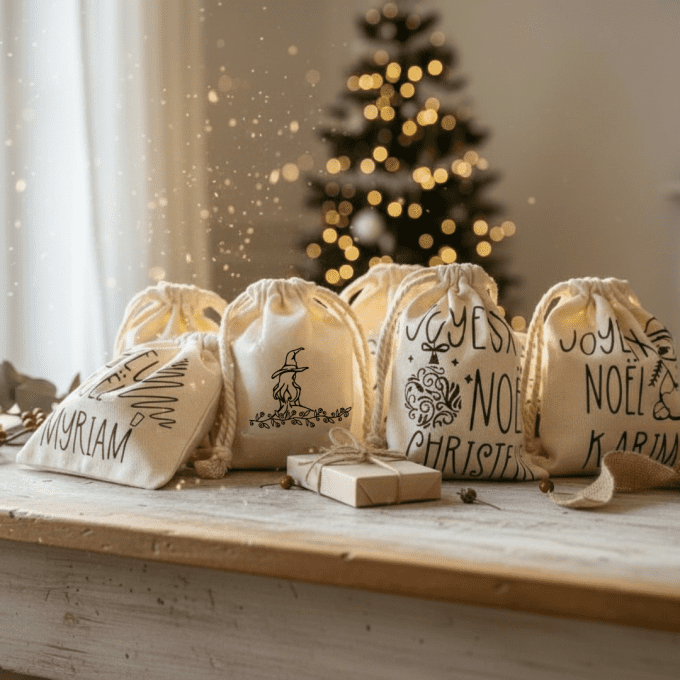 Pochons en coton personnalisés avec motifs Joyeux Noël et prénoms, présentés sur une table en bois.
