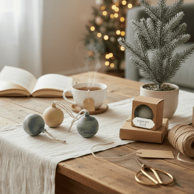 Savons boule de Noël artisanaux déposés sur une table en bois avec tasse de thé, sapin décoré et emb
