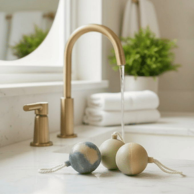 Savons boule de Noël artisanaux posés sur un lavabo doré, avec robinet en laiton et ambiance salle d