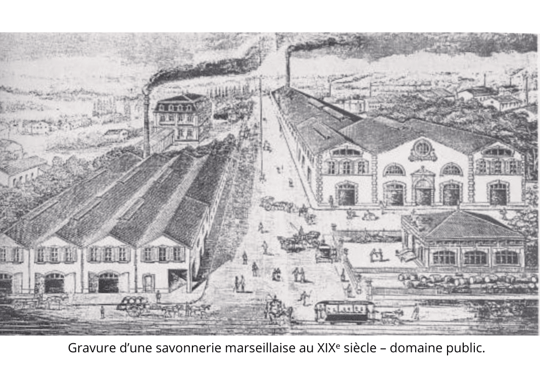 Cette gravure représente une savonnerie marseillaise du XIXᵉ siècle. Marseille est alors l’un des grands centres européens de production de savon, grâce à ses huiles d’olive et à son port ouvert sur la Méditerranée. Ce savoir-faire donnera naissance à la renommée mondiale du « savon de Marseille ».